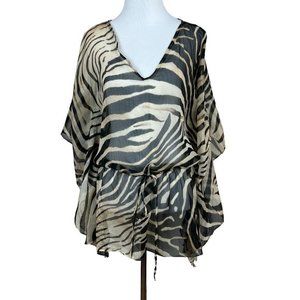 Lauren Ralph Lauren Tunic Top M V-Neck Kimono Sleeve Sheer Flowy Animal Print